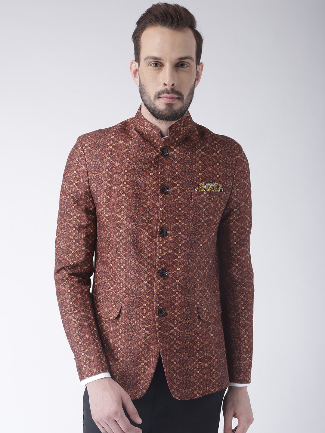 Hangup Men Brown & Red Printed Bandhgala Blazer