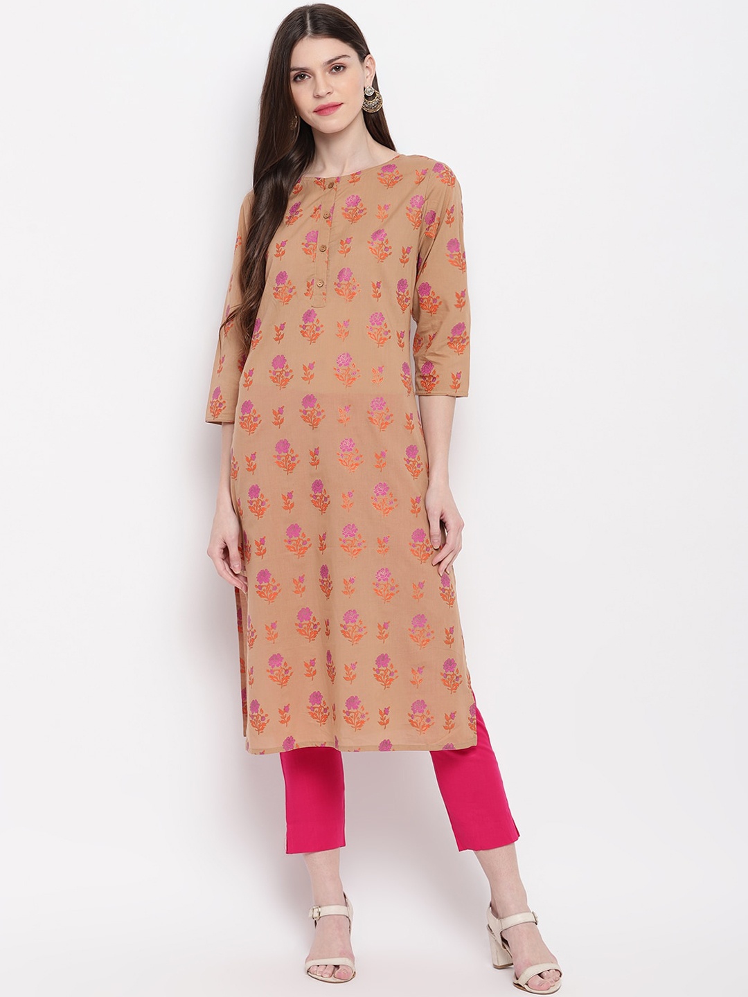 

Janasya Women Brown & Pink Floral Printed Kurta