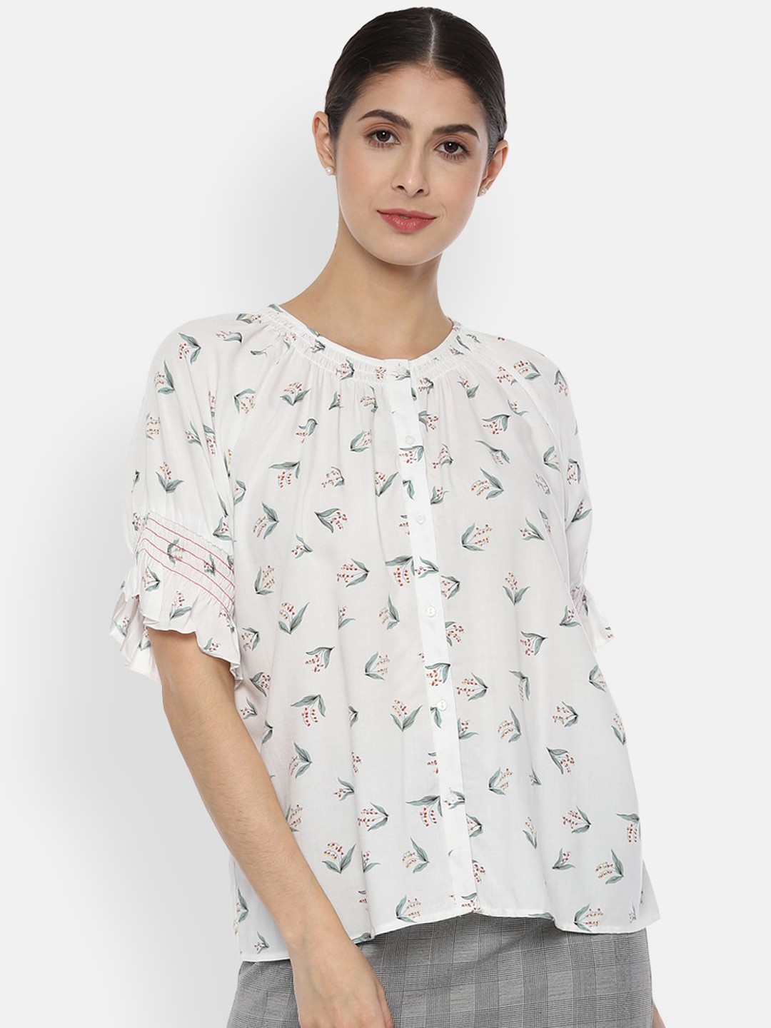 

Van Heusen Woman White & Blue Floral Printed Shirt Style Top
