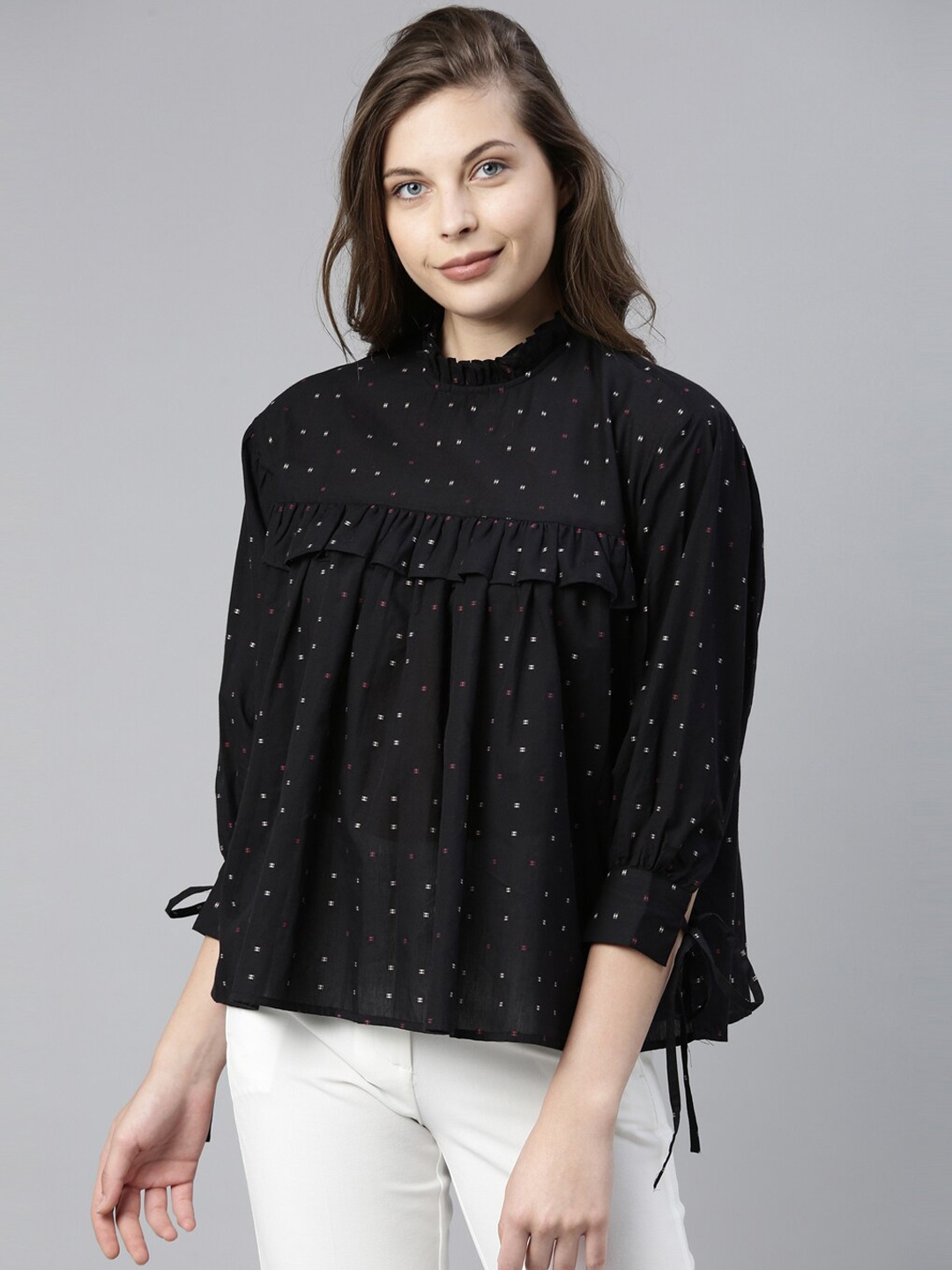

RAREISM Women Black & White Geometric Printed A-Line Top