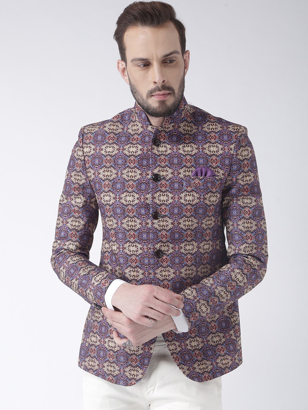 Hangup Men Purple & Maroon Printed Bandhgala Blazer