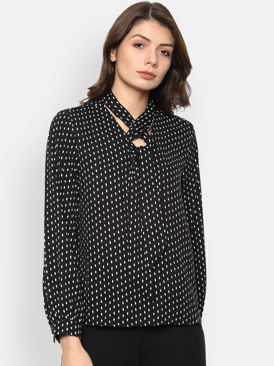 

Van Heusen Woman Black & White Printed Tie-up Neck Regular Top