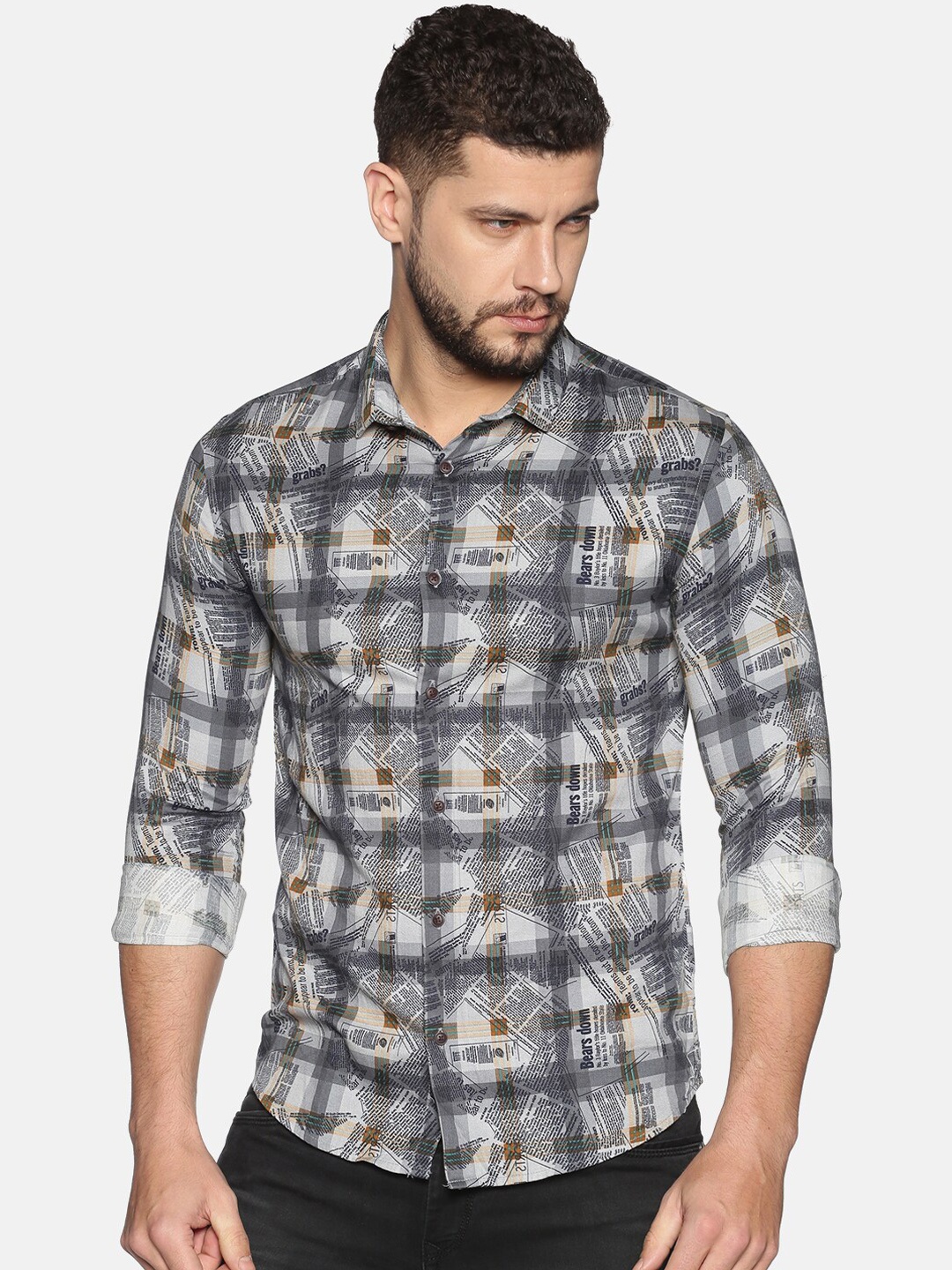 

SHOWOFF Men Grey & Brown Slim Fit Printed Casual Shirt