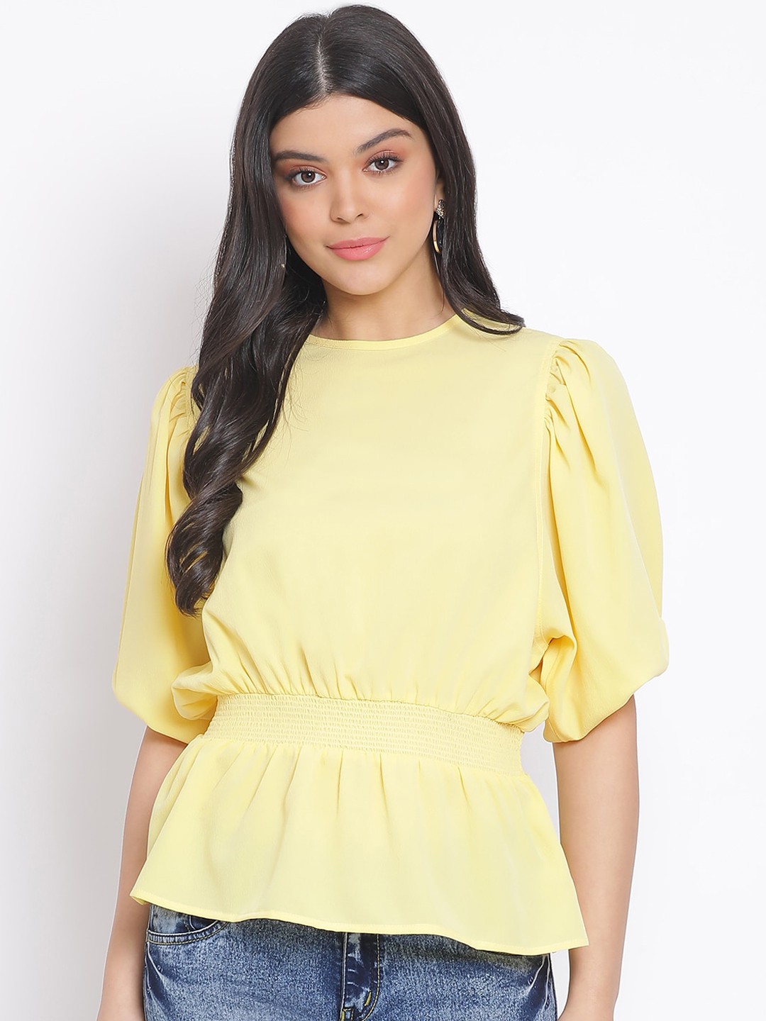 

Oxolloxo Women Yellow Solid Cinched Waist Top