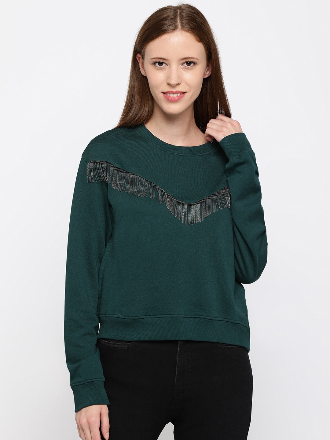 

Pepe Jeans Women Green Solid Sweatshirt
