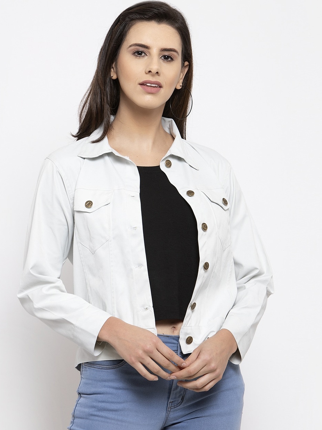 

VOXATI Women Off-White Solid Denim Jacket