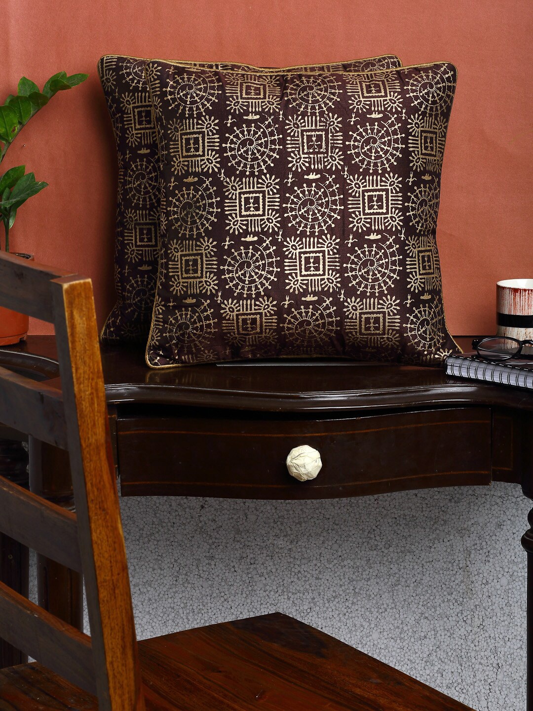 

HOSTA HOMES Brown & Gold-Toned Set of 2 Ethnic Motifs Square Cushion Covers