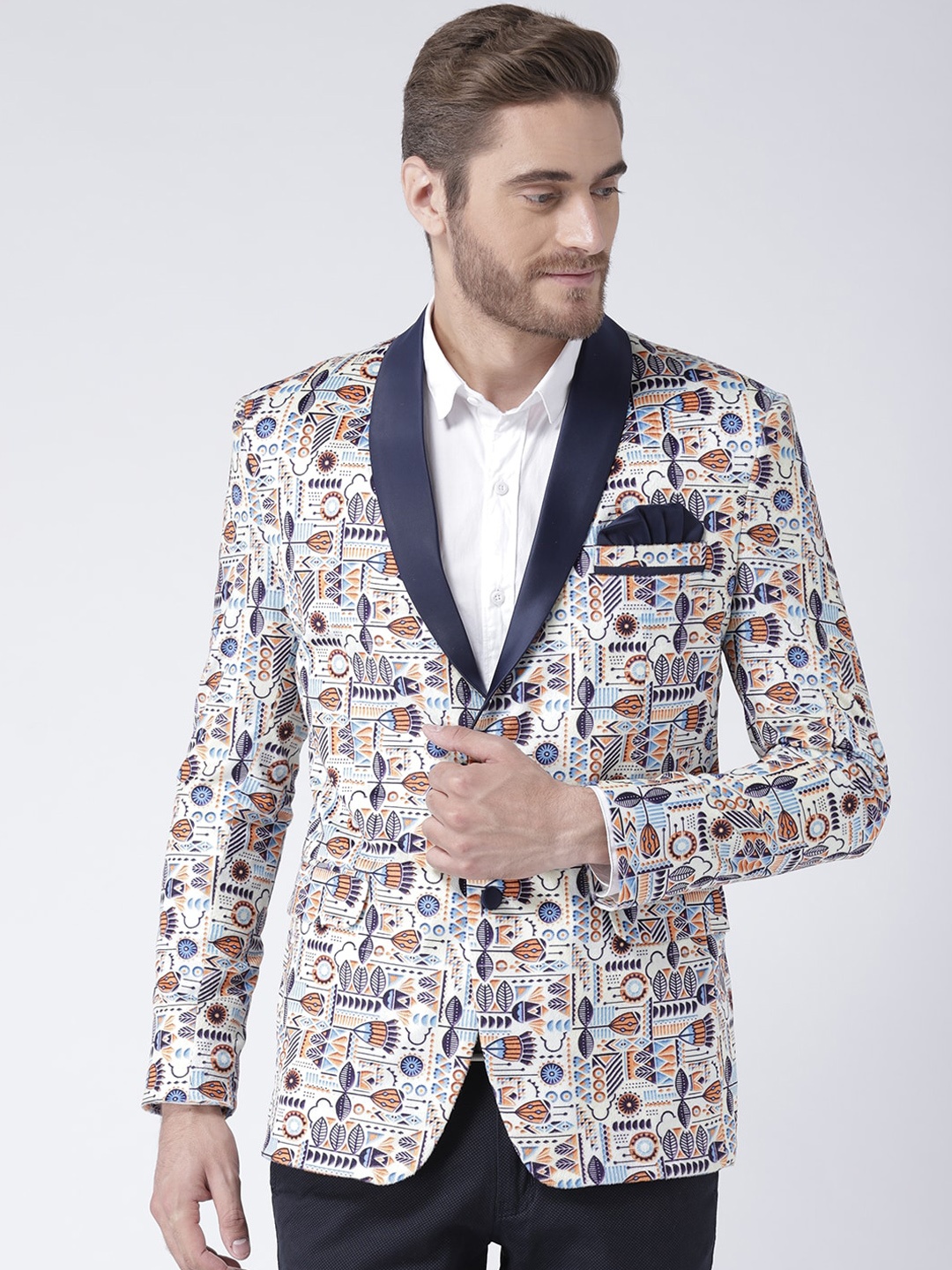 Hangup Men White & Navy Blue Printed Single-Breasted Party Blazer