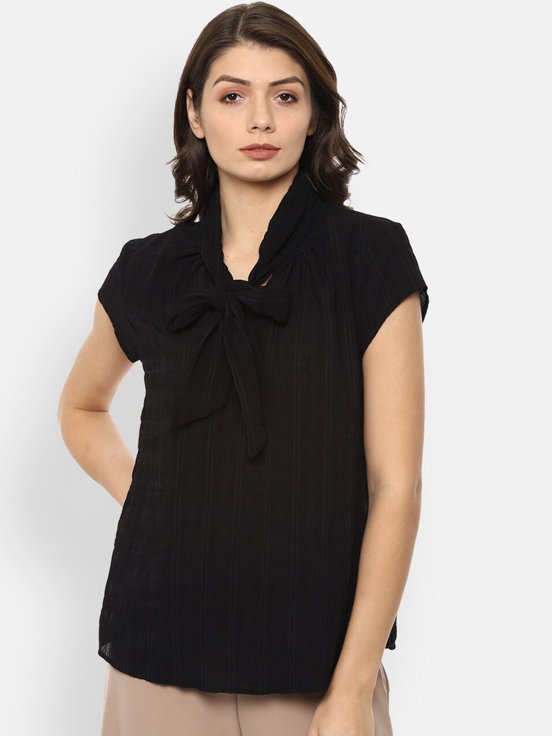 

Van heusen Woman Black Striped Tie-up Neck Regular Top