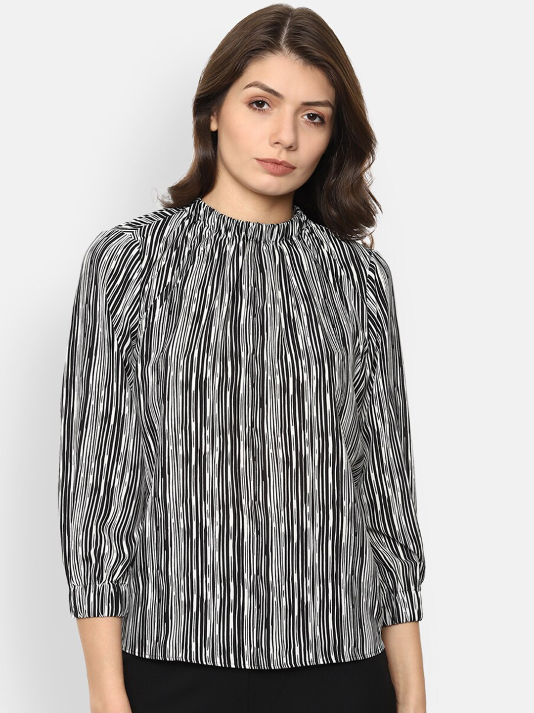 

Van Heusen Woman White & Black printed bishop sleeves monochrome regular top