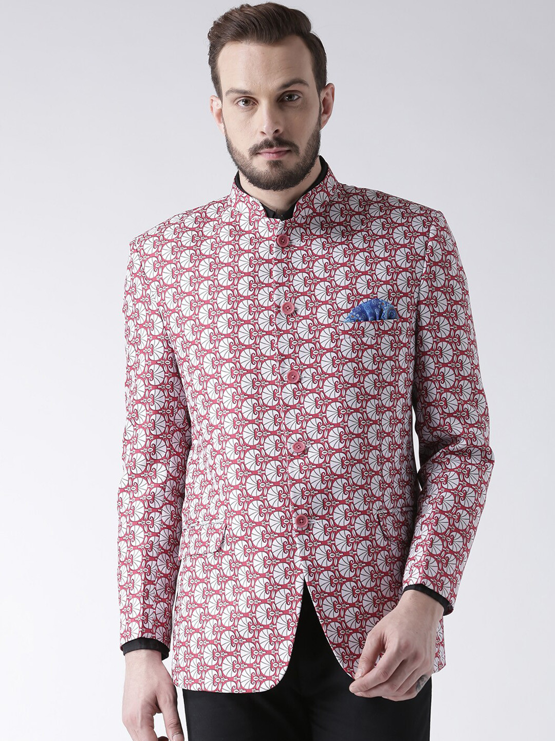 

Hangup Men Red & White Printed Bandhgala Blazer