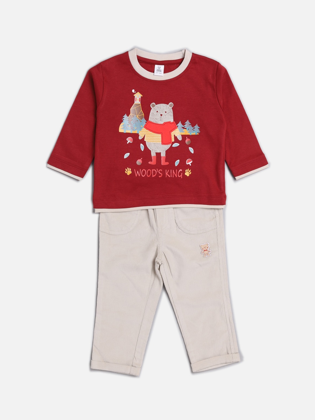 

TOFFY HOUSE Boys Maroon & Cream-Coloured Printed T-shirt with Pyjamas
