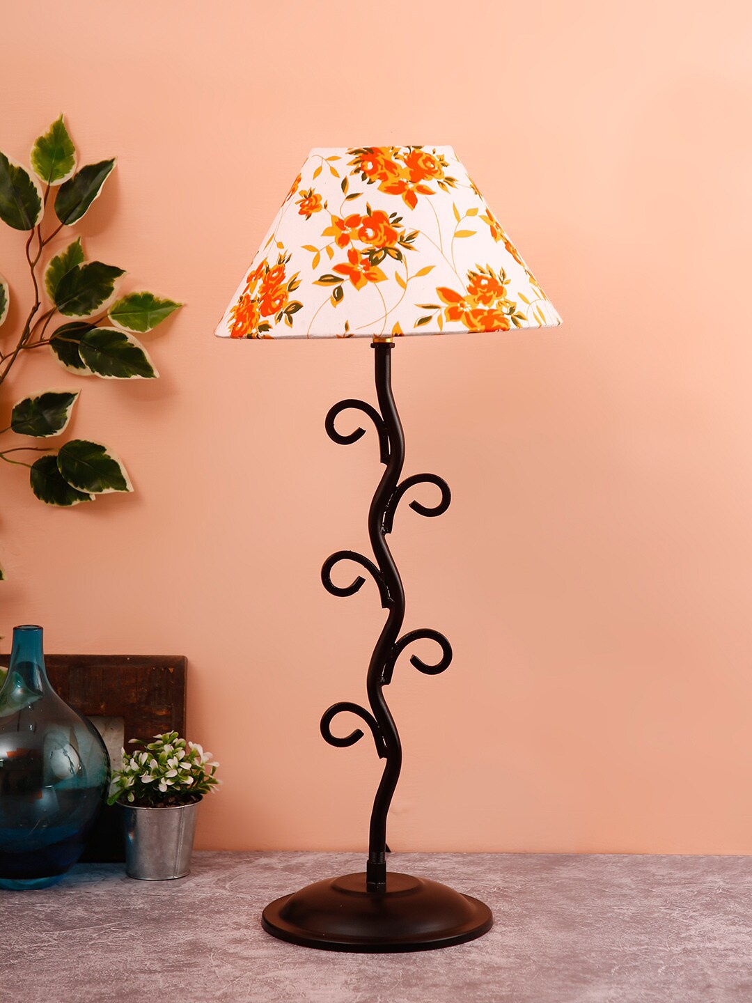 Devansh White & Orange Floral Printed Table Lamp