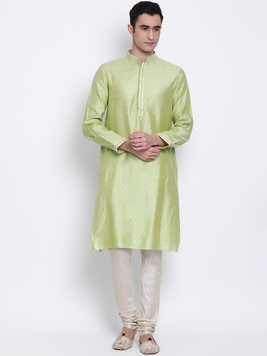 

Sanwara Men Green Woven Design Art Silk Kurta