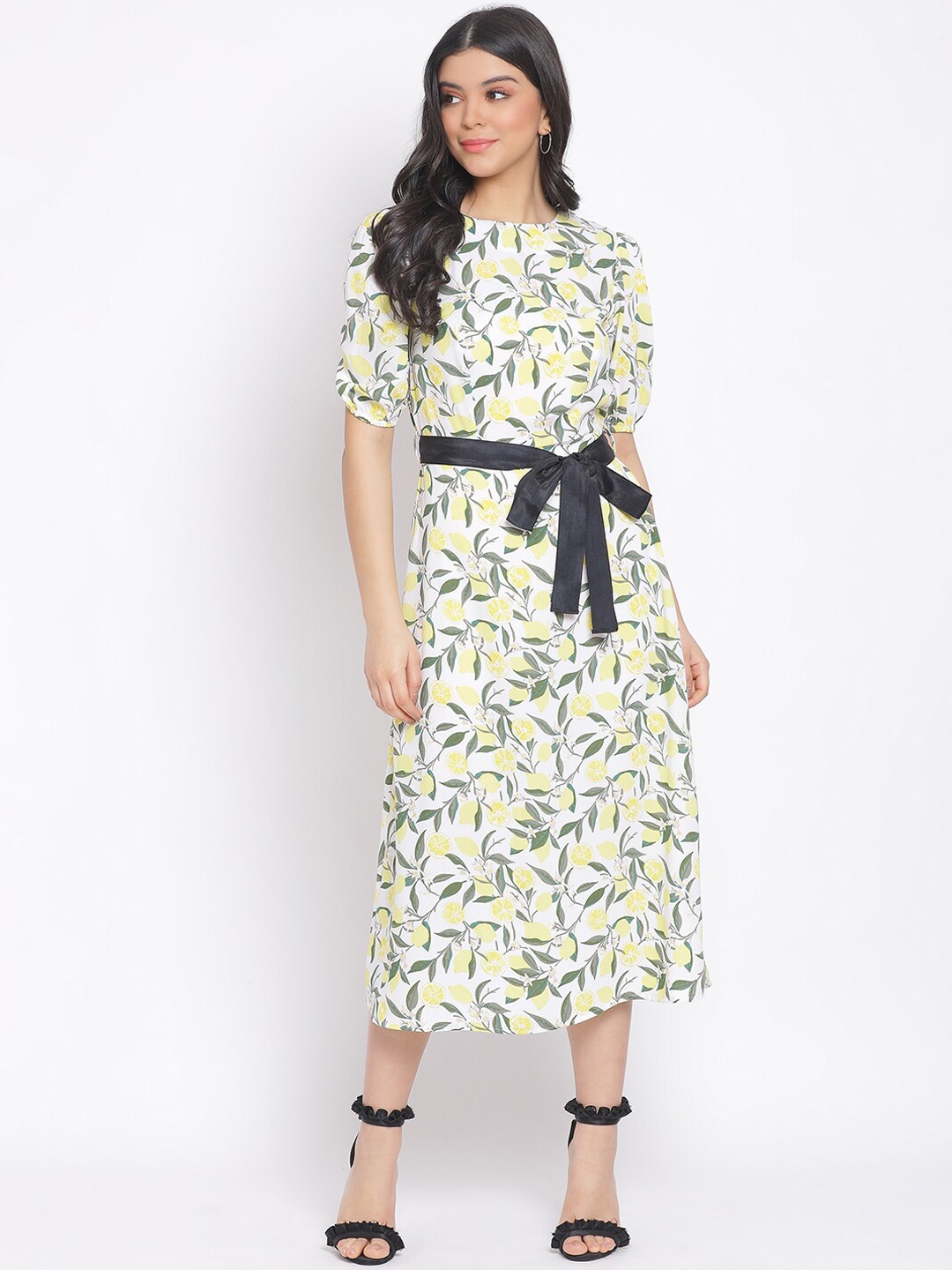 

Oxolloxo Women White Printed Tie Belt A-Line Dress