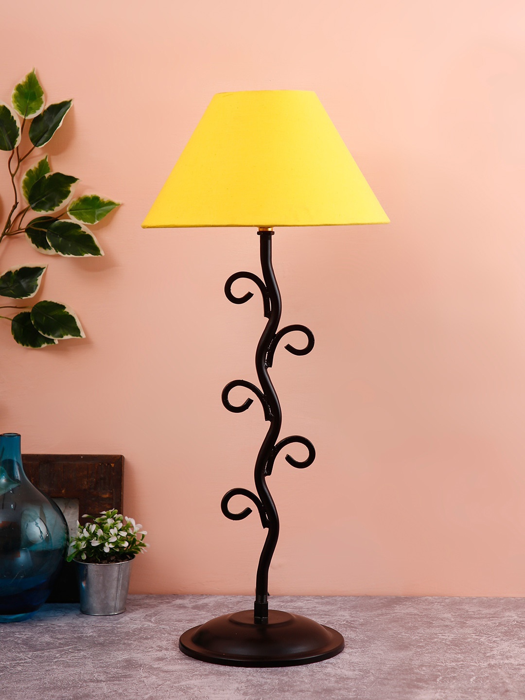 Devansh Yellow & Black Solid Traditional Bedside Table Lamp with Shade