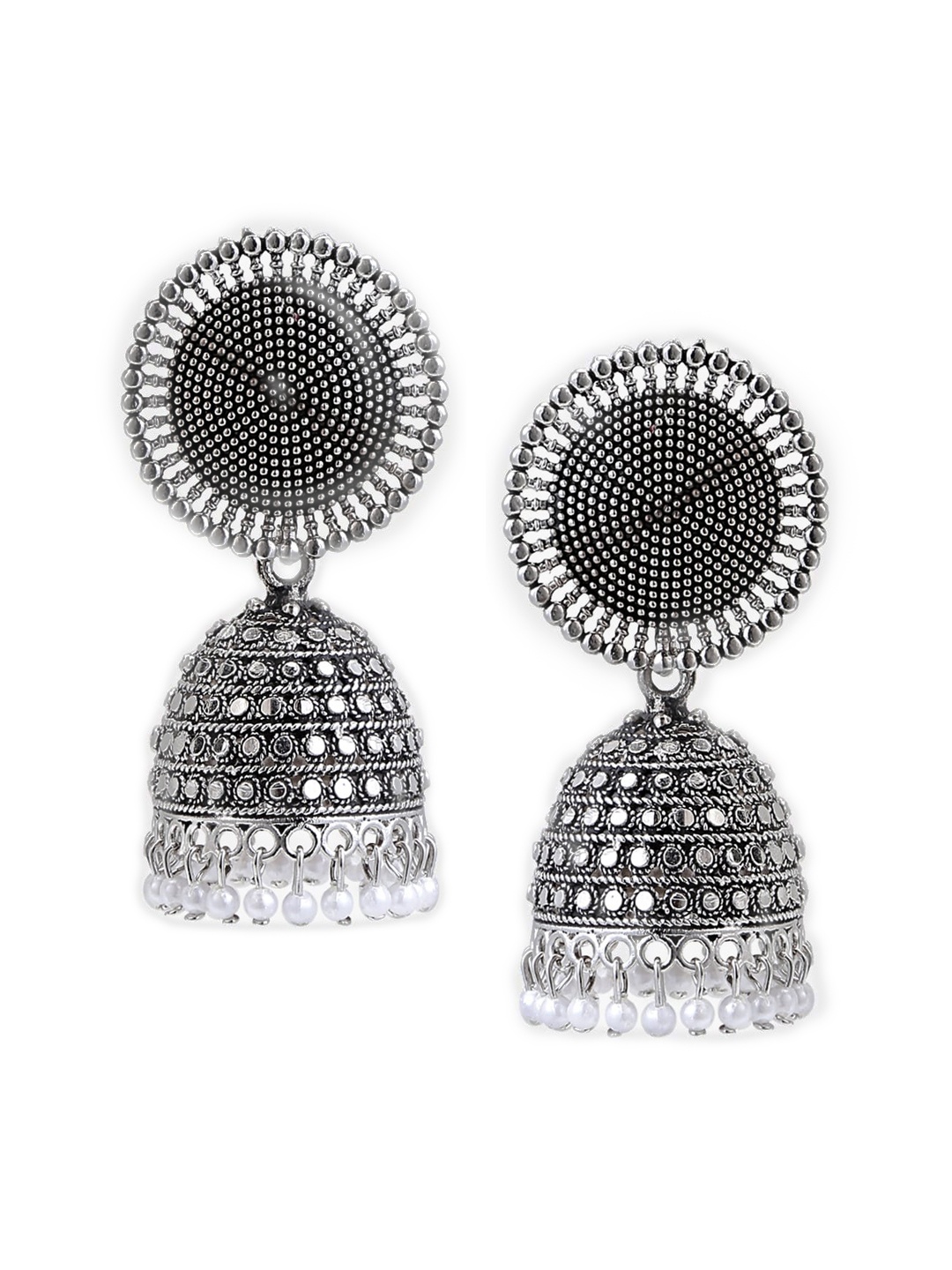 

SATCHEL Silver-Toned Mirror Work Dome Shaped Jhumkas