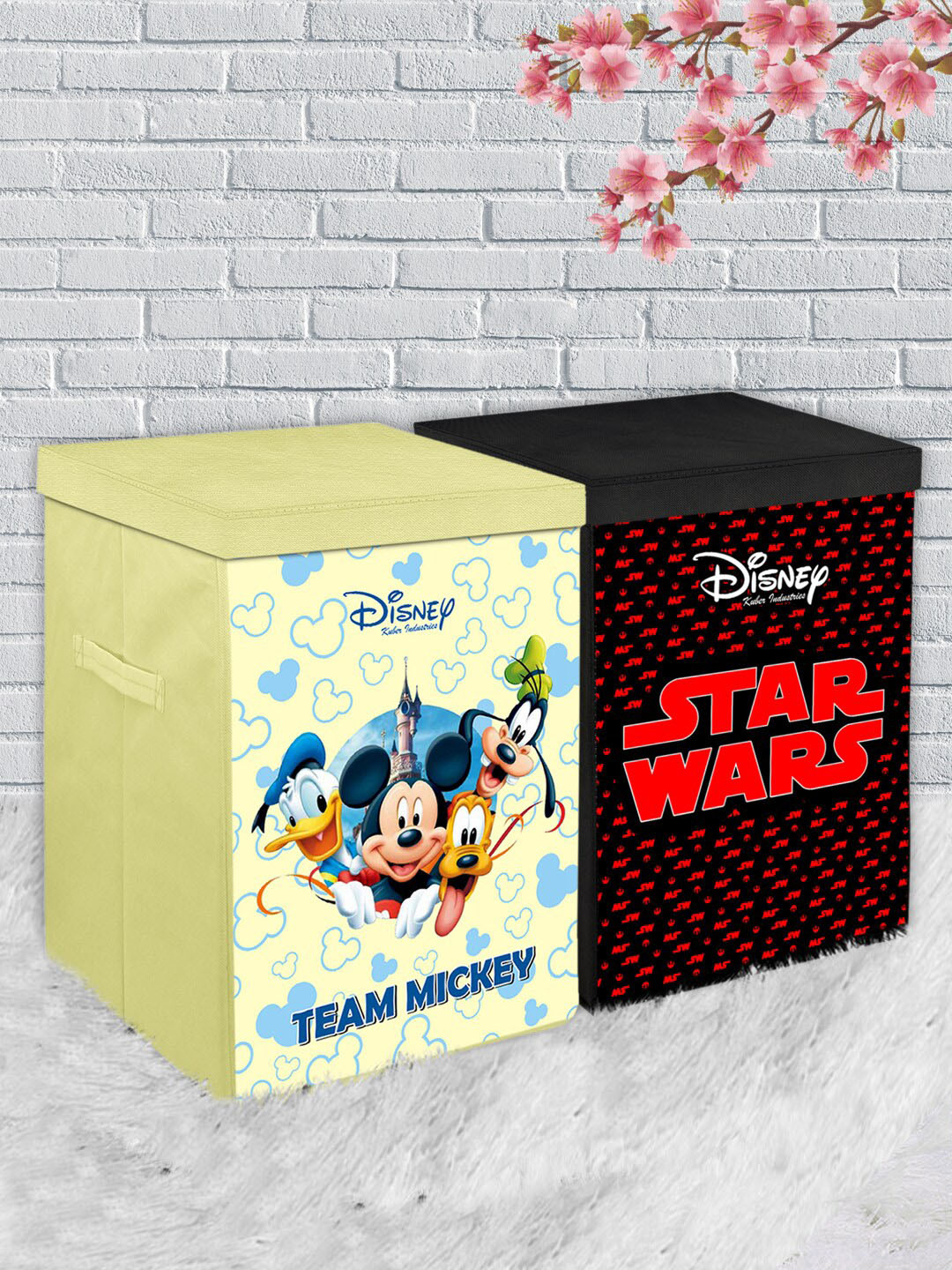 

Kuber Industries Set Of 2 Disney Printed Foldable Organiser Baskets With Lid & Handles, Black