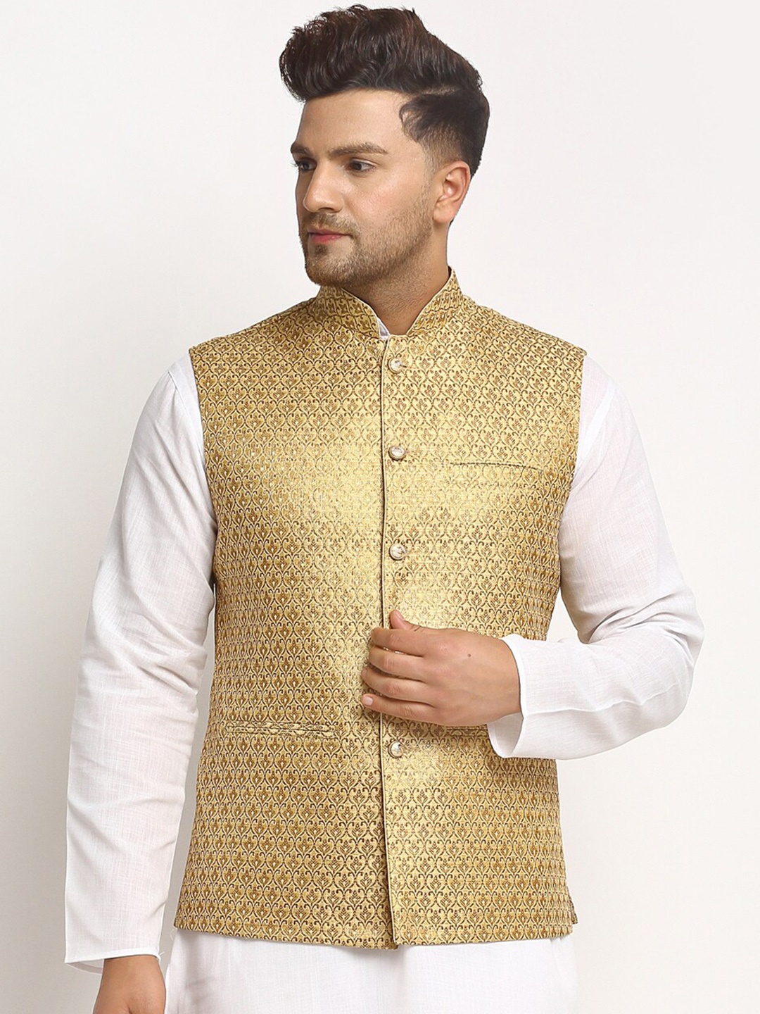 

TREEMODA Men Gold Coloured Embellished Woven Nehru Jacket