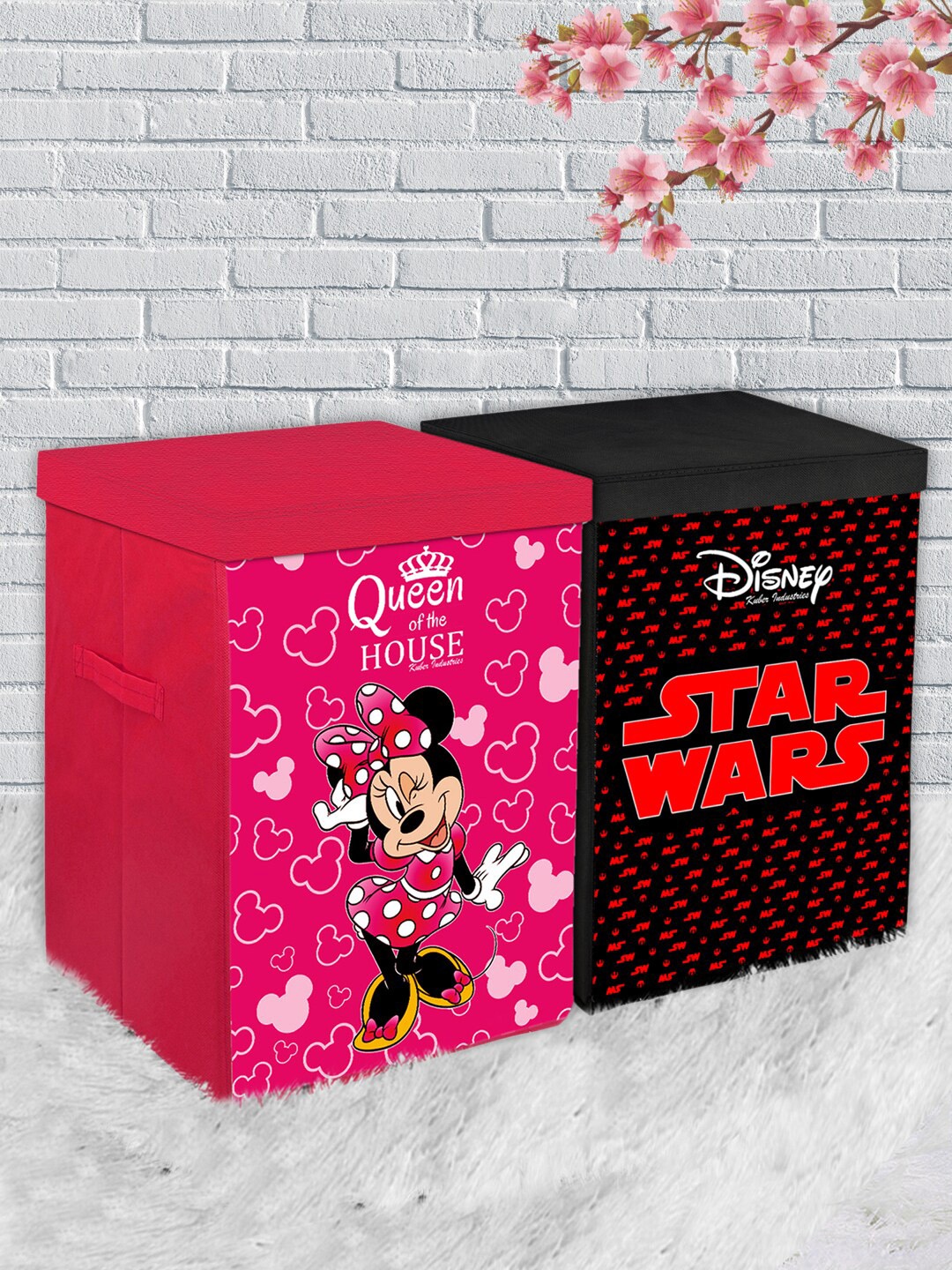 

Kuber Industries Set Of 2 Disney Printed Foldable Organiser Baskets With Lid & Handles, Black