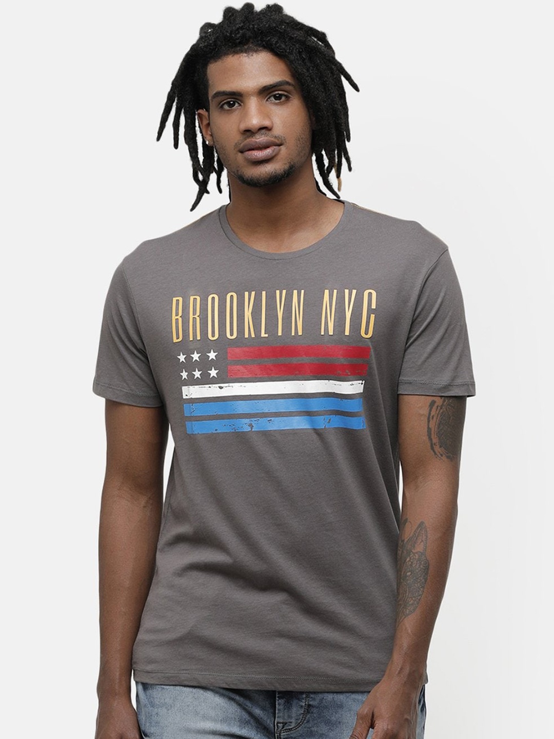 Voi Jeans Men Brown Yellow Printed Round Neck Pure Cotton T-shirt