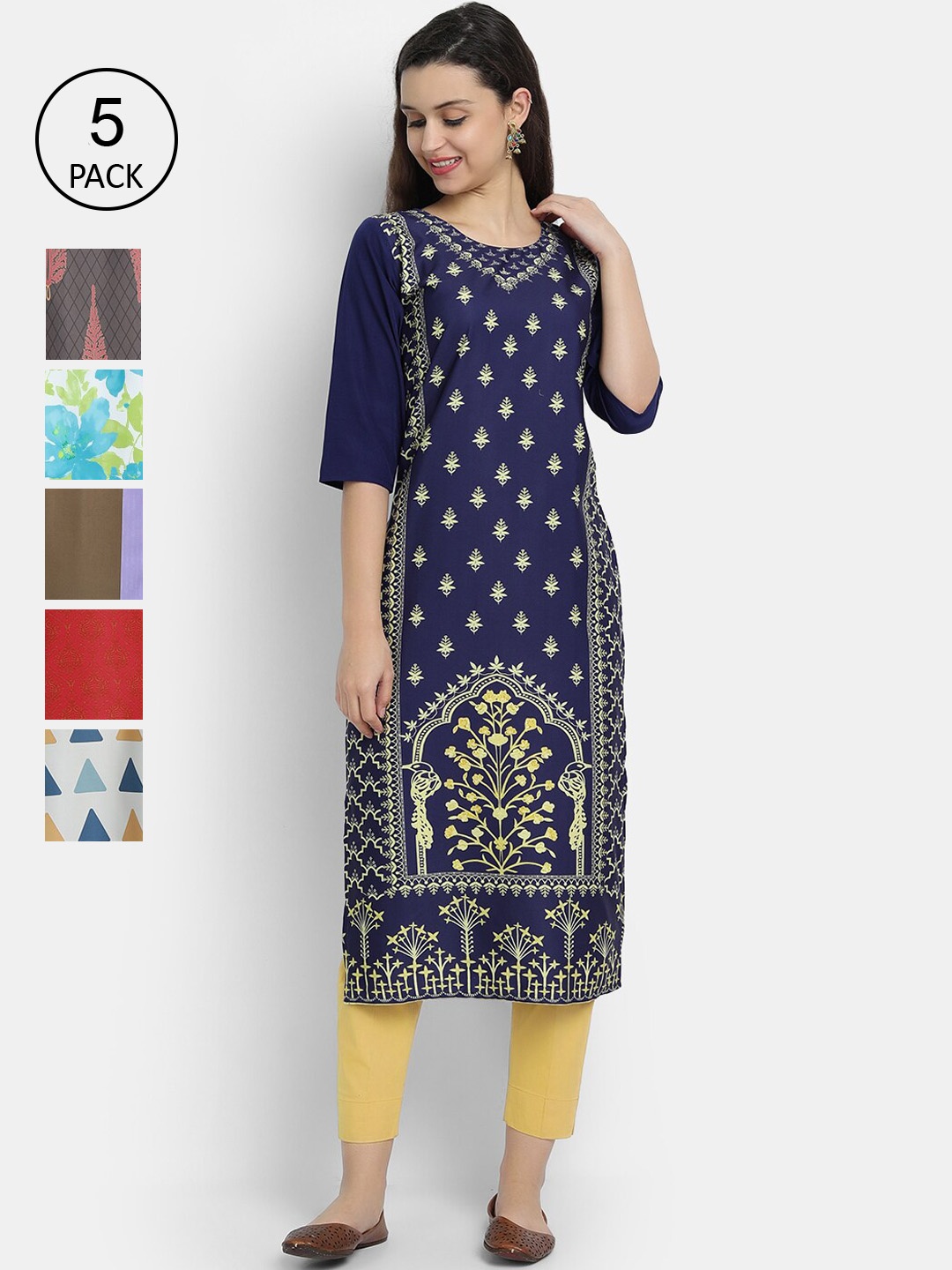 

7threads Women Pack of 5 Multicoloured Ethnic Motifs Printed Crepe Kurta, Multi