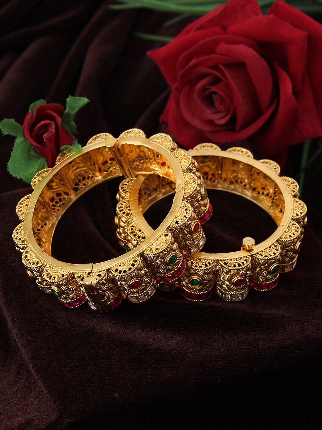 

Adwitiya Collection Set Of 2 24CT Gold-Plated Pink & Green Stone-Studded Handcrafted Bangles