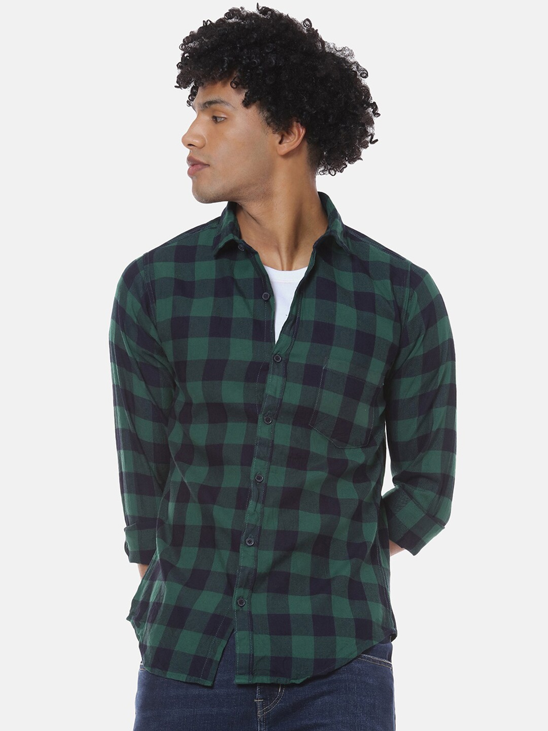 

Campus Sutra Men Green & Navy Blue Regular Fit Checked Casual Shirt