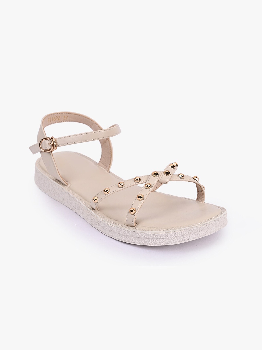 BuckleUp Women Beige Embellished Synthetic Patent Open Toe Flats