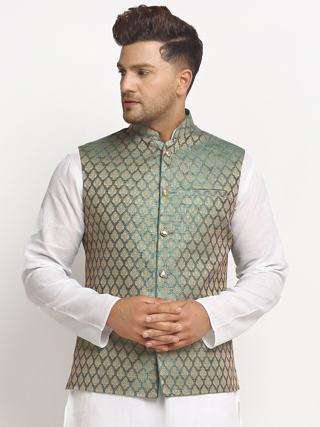 

TREEMODA Men Blue & Gold Coloured Embellished Woven Nehru Jacket