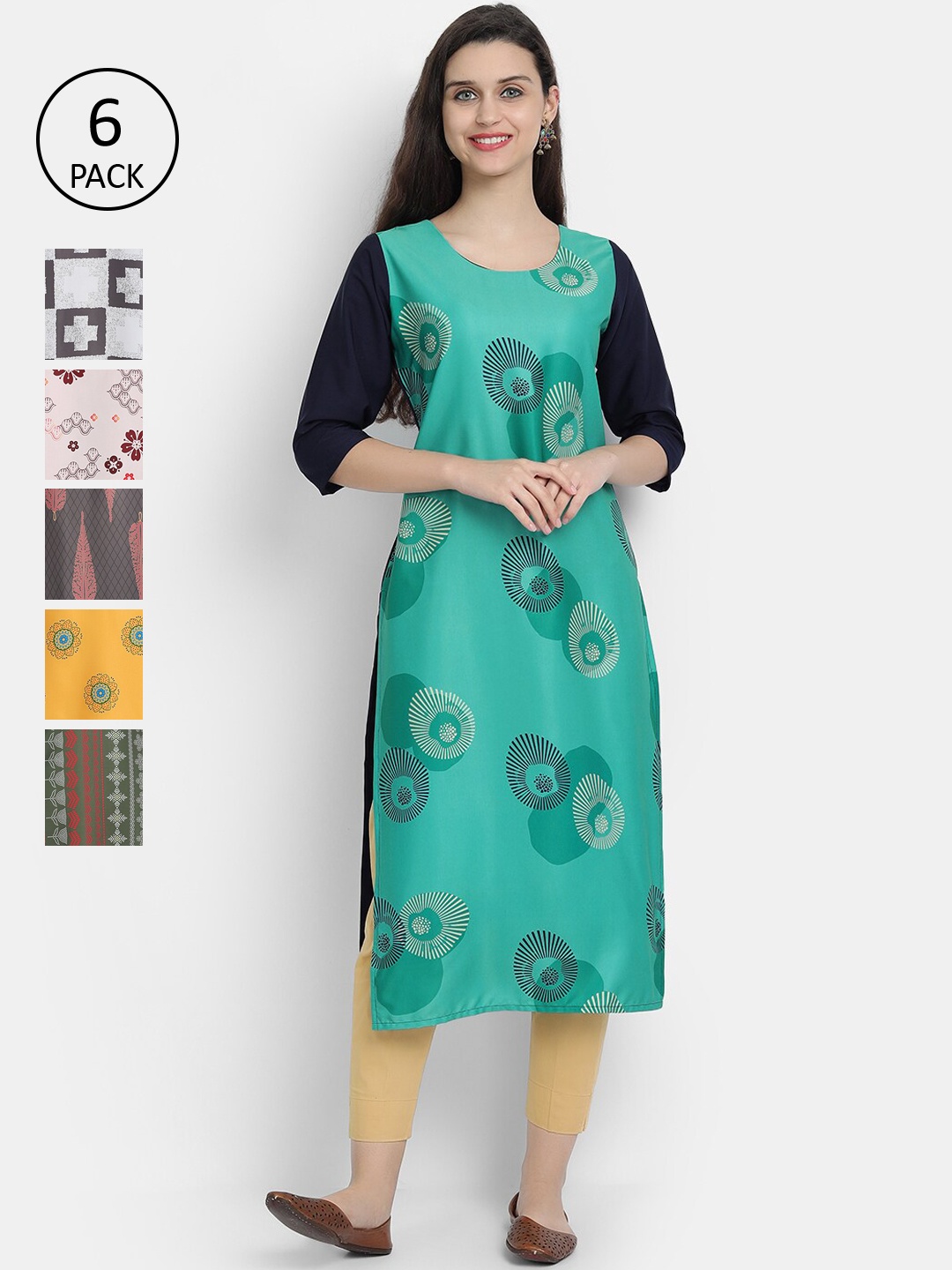 

7threads Women Pack Of 6 Ethnic Motifs Printed Crepe Kurta, Multi