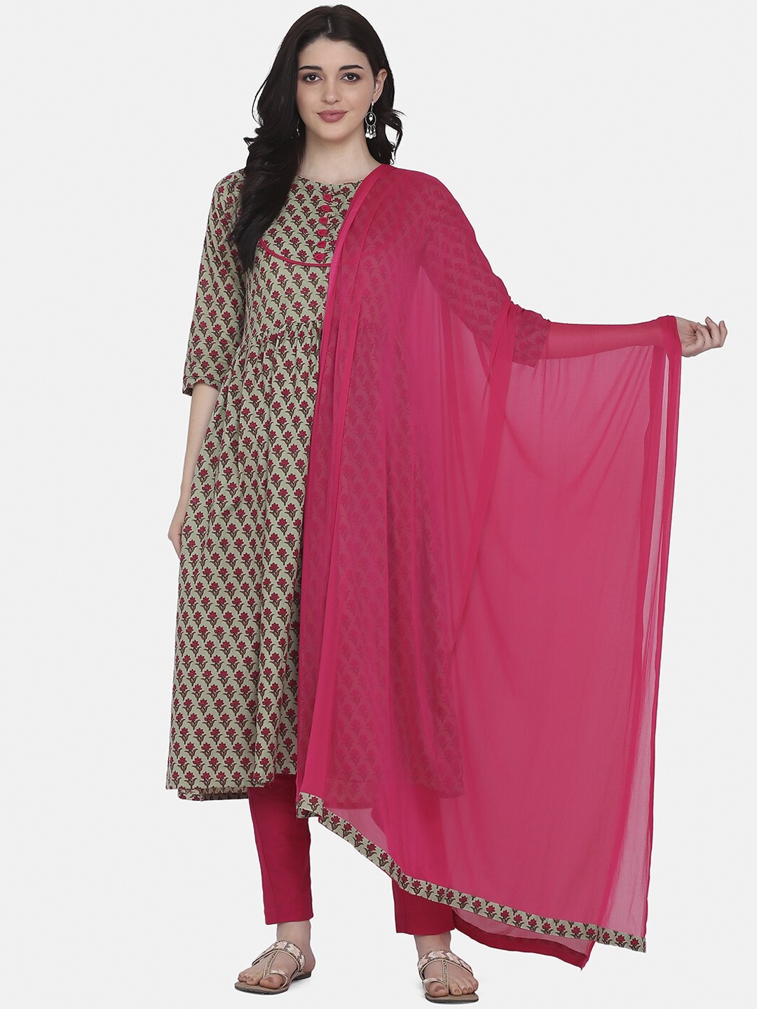 

Saanjh Women Green & Pink Printed Kurta with Palazzos & Dupatta