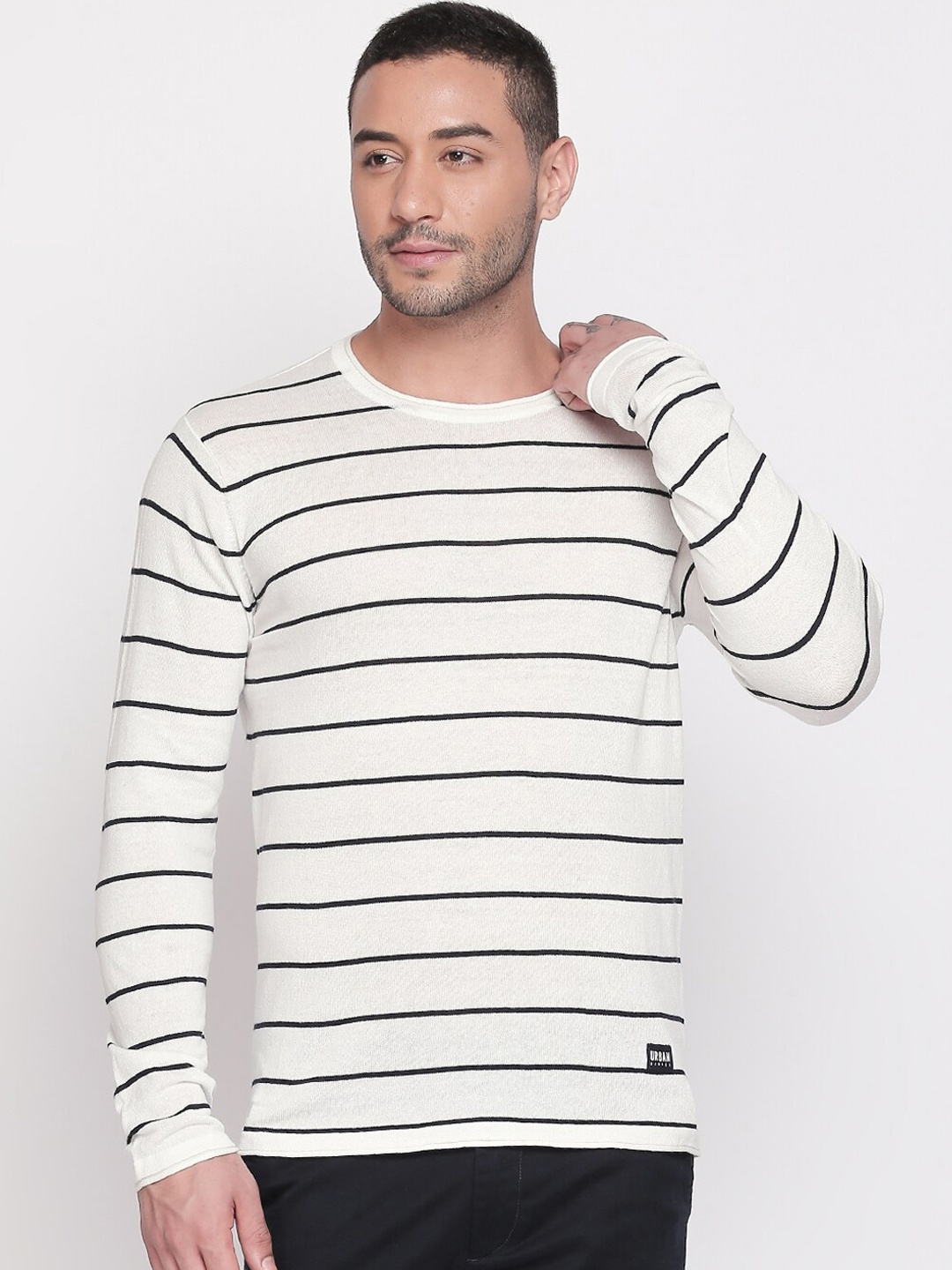 

Urban Ranger by pantaloons Men White Striped Sweater Vest Sweater