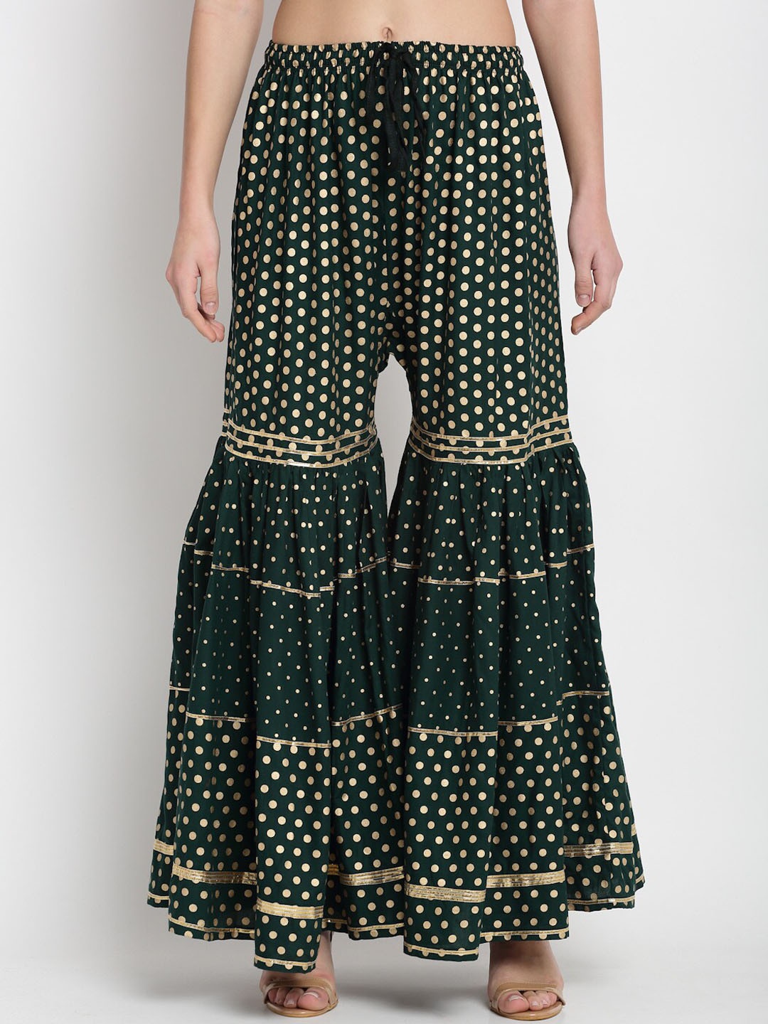 

Miaz Lifestyle Women Green Flared Printed Regular Trousers