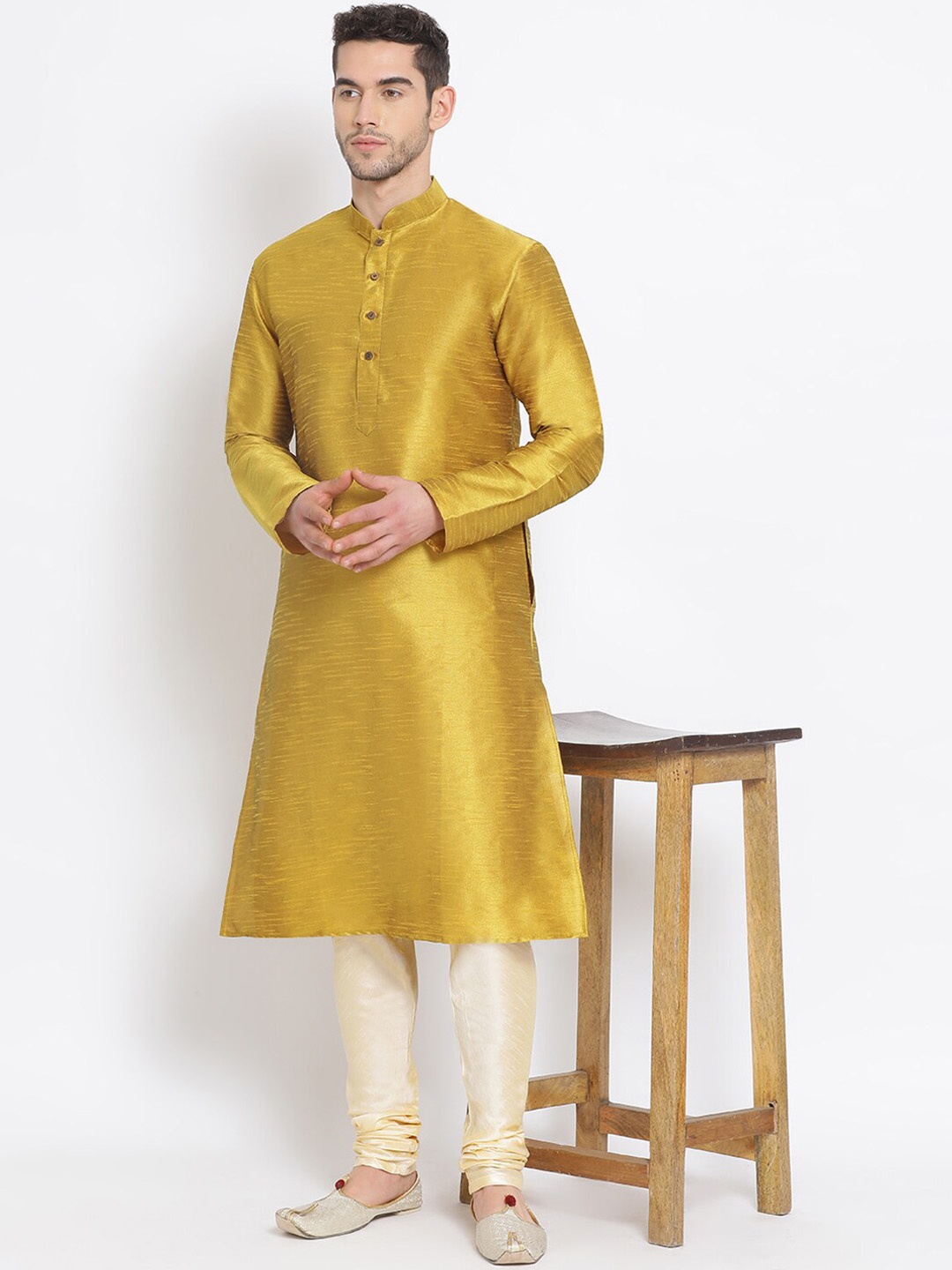 

Sanwara Men Gold-Coloured & Beige Self Design Kurta with Churidar