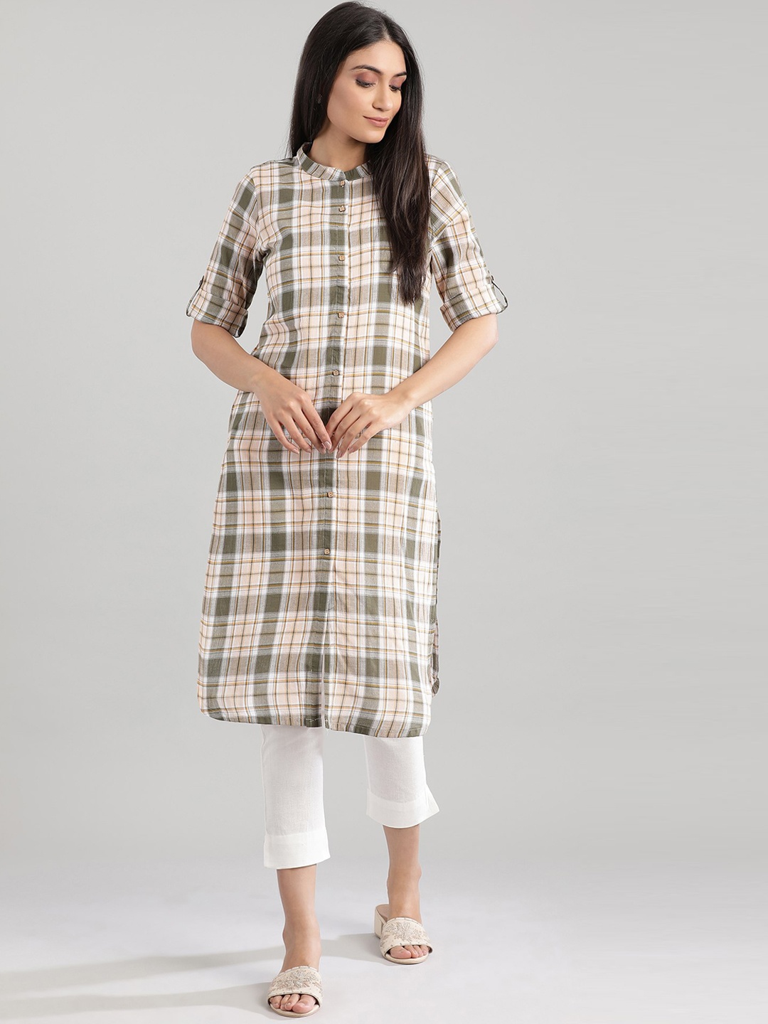 

Aurelia Women Olive Green & Beige Checked Kurta