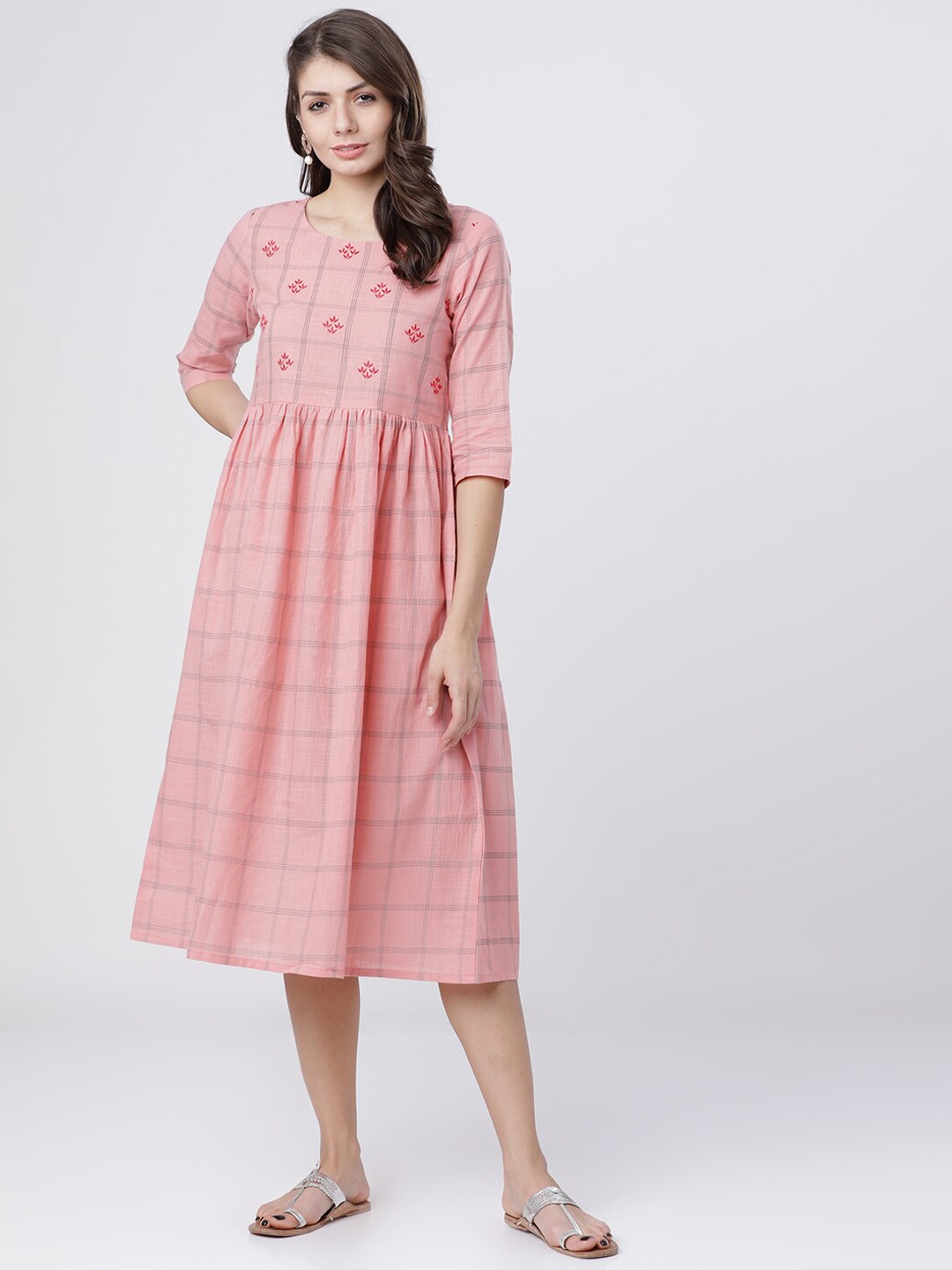 

Vishudh Women Coral Pink & Red Checked Fit and Flare Dress