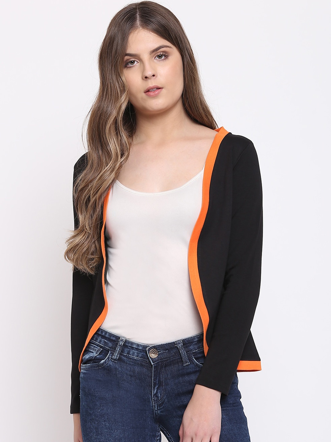 

RIVI Women Black & Orange Colourblocked Open Front Shrug