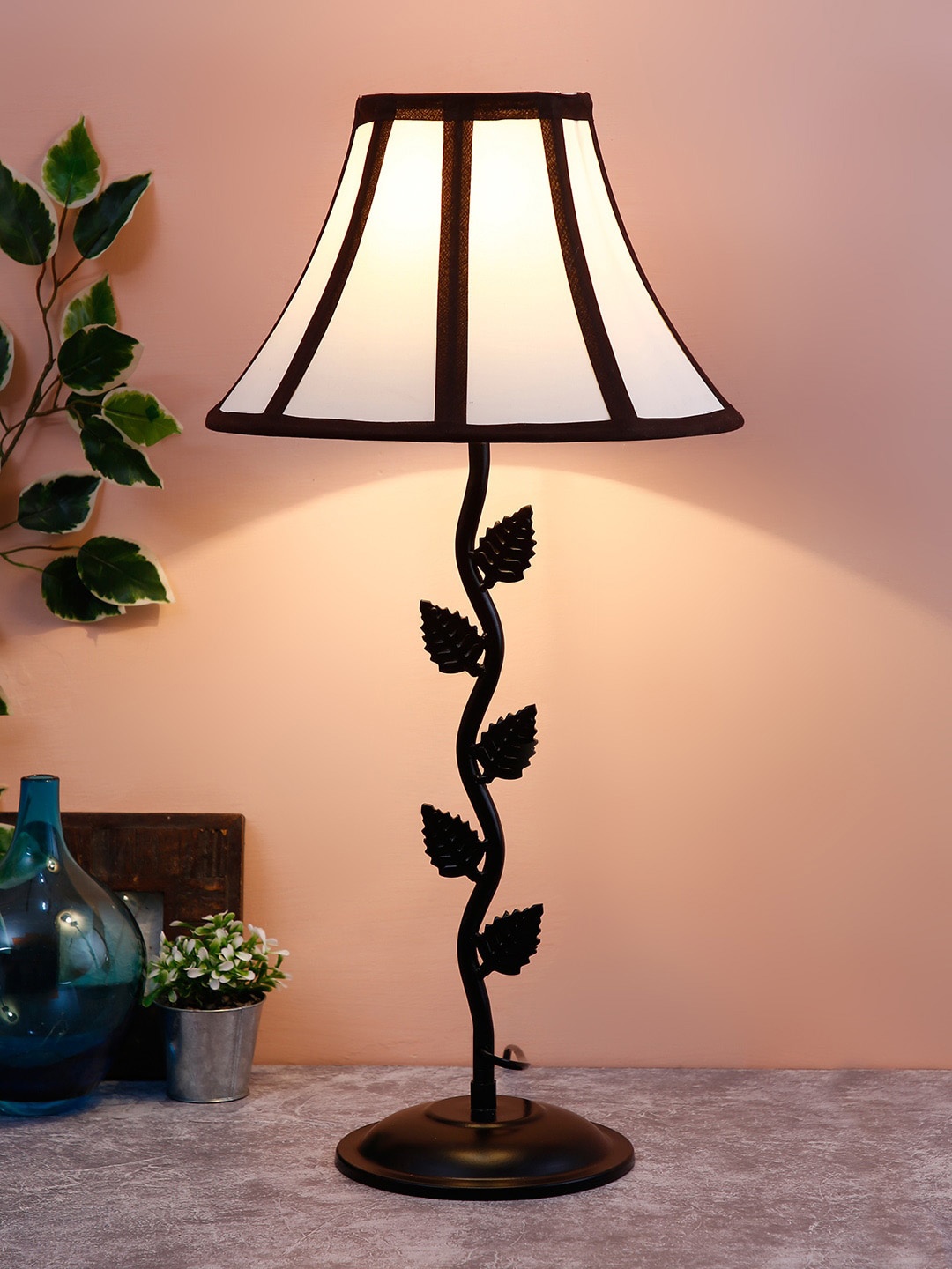 Devansh White & Brown Printed Traditional Table Lamp with Shade