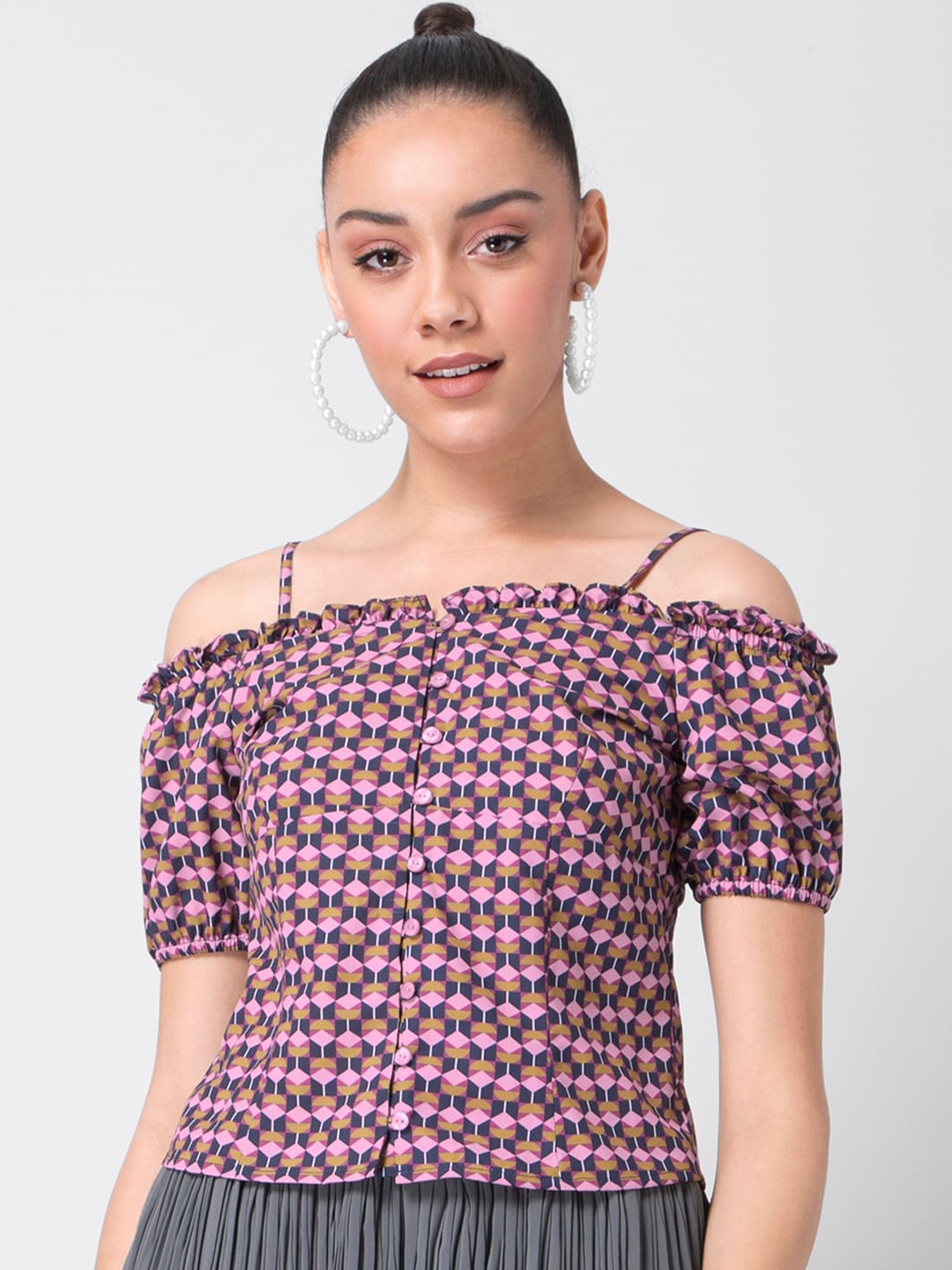 

Faballey pink printed crepe bardot top