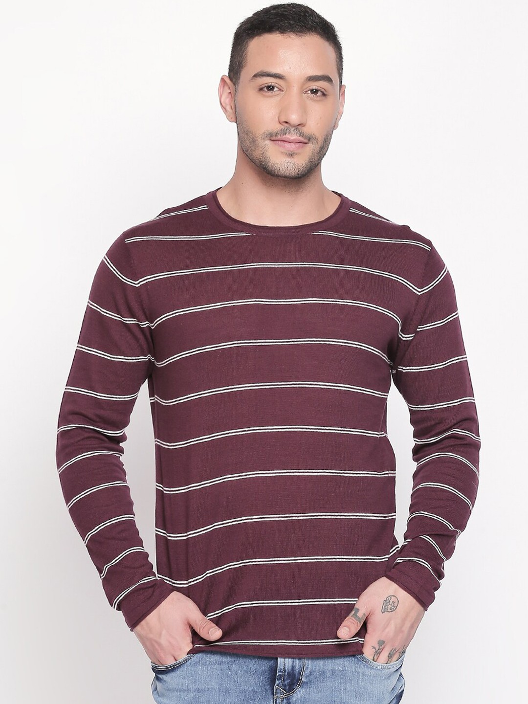 

Urban Ranger by pantaloons Men Maroon Striped Pullover Sweater