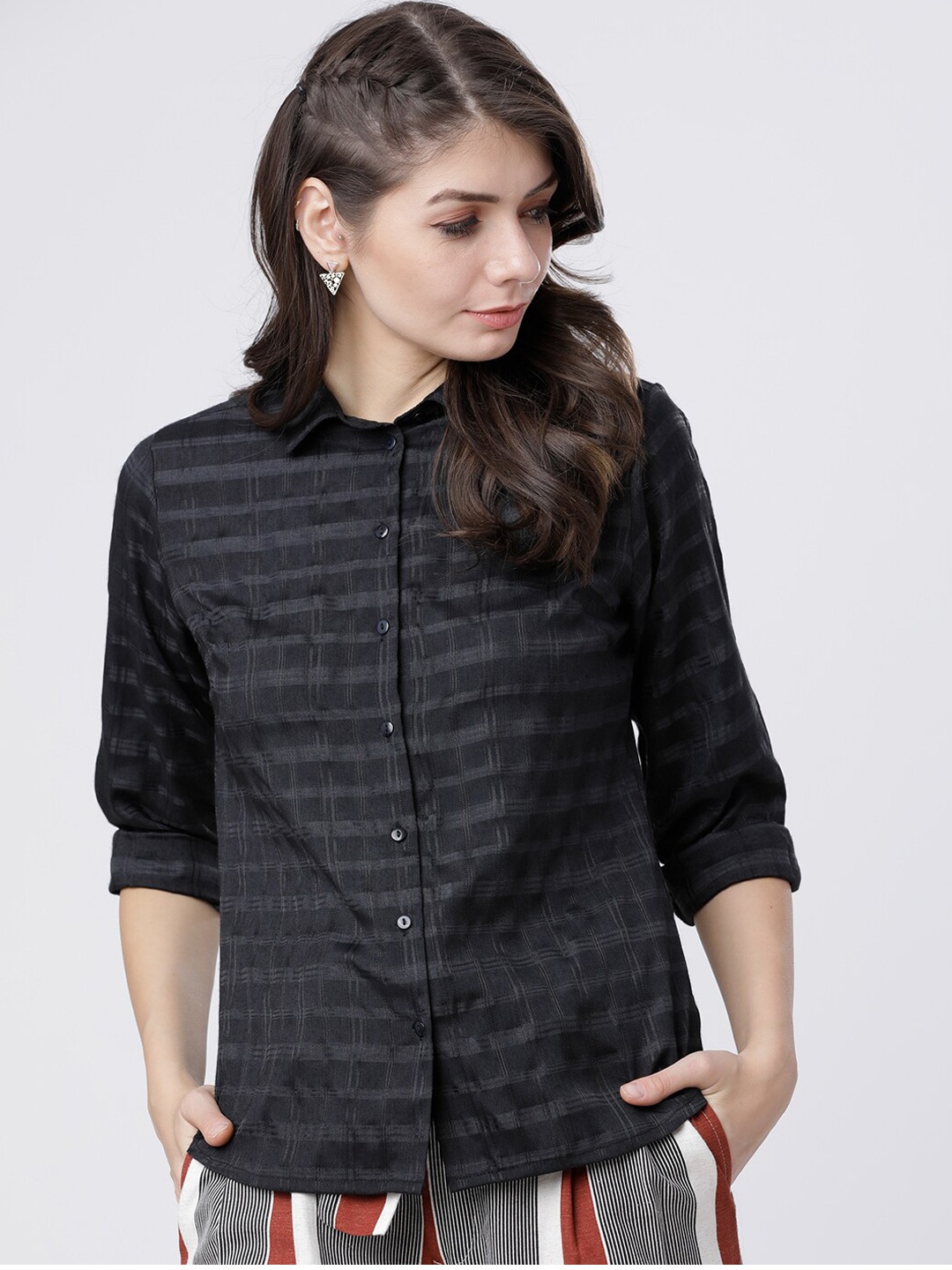 

Tokyo Talkies Women Black Regular Fit Self Design Casual Shirt