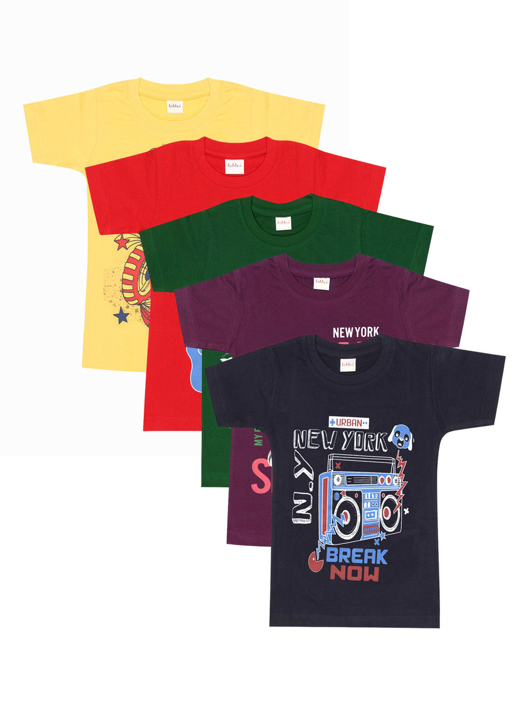 

Kiddeo Boys Pack of 5 Multicoloured Printed Round Neck Cotton T-shirt, Multi