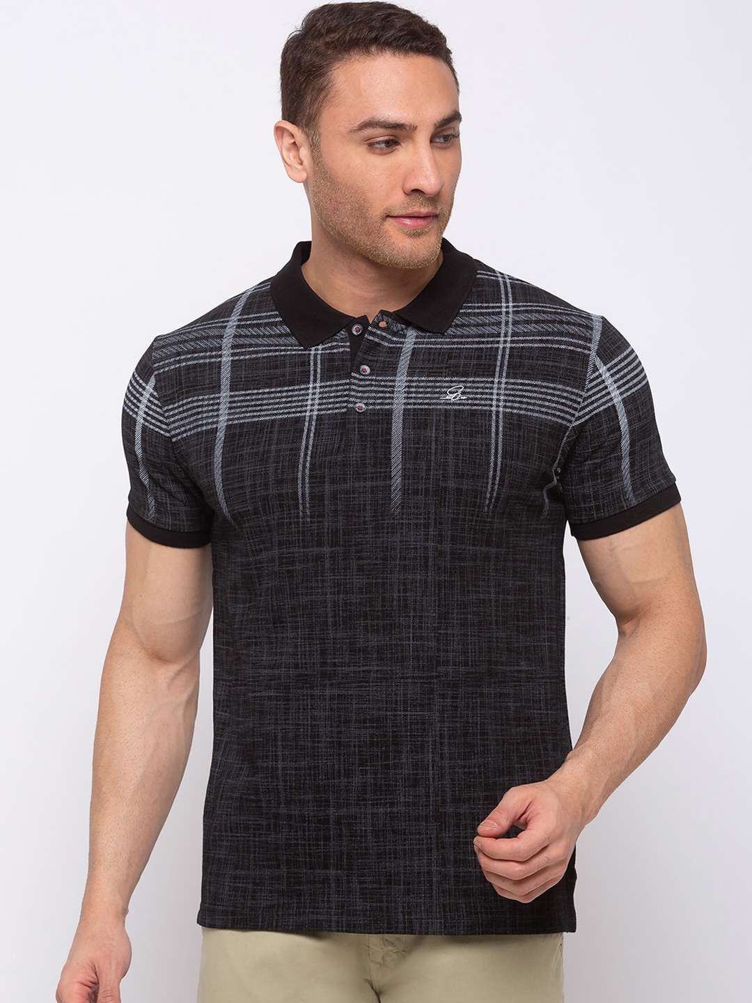 

Status Quo Men Black Checked Polo Collar T-shirt