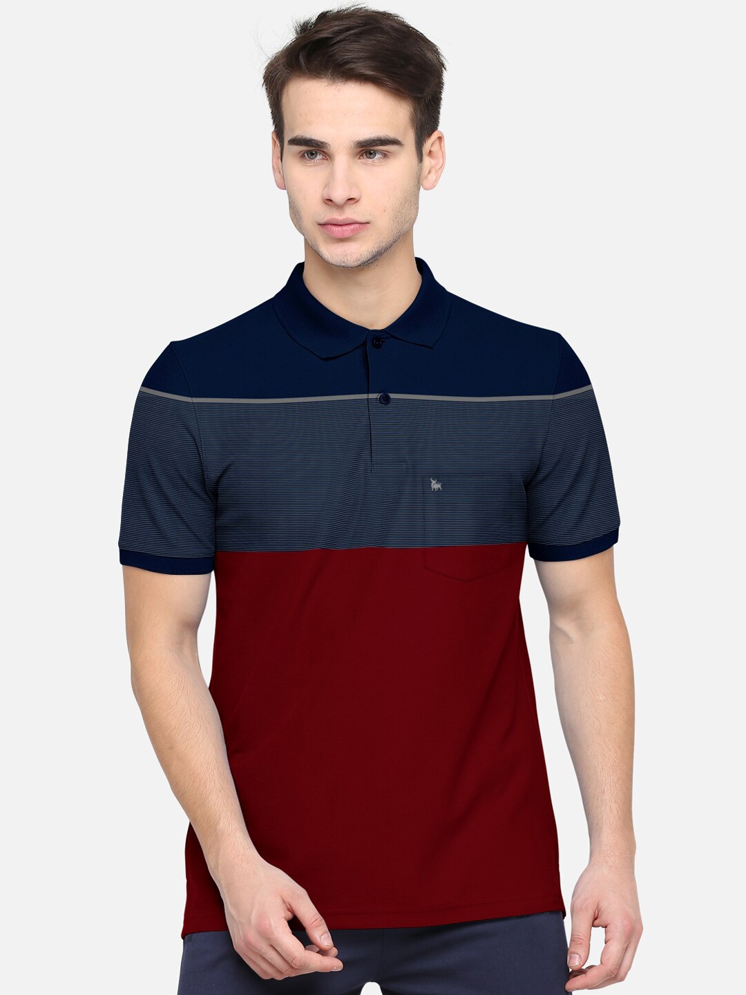 

BULLMER Men Maroon Blue Colourblocked Polo Collar Cotton Pure Cotton T-shirt