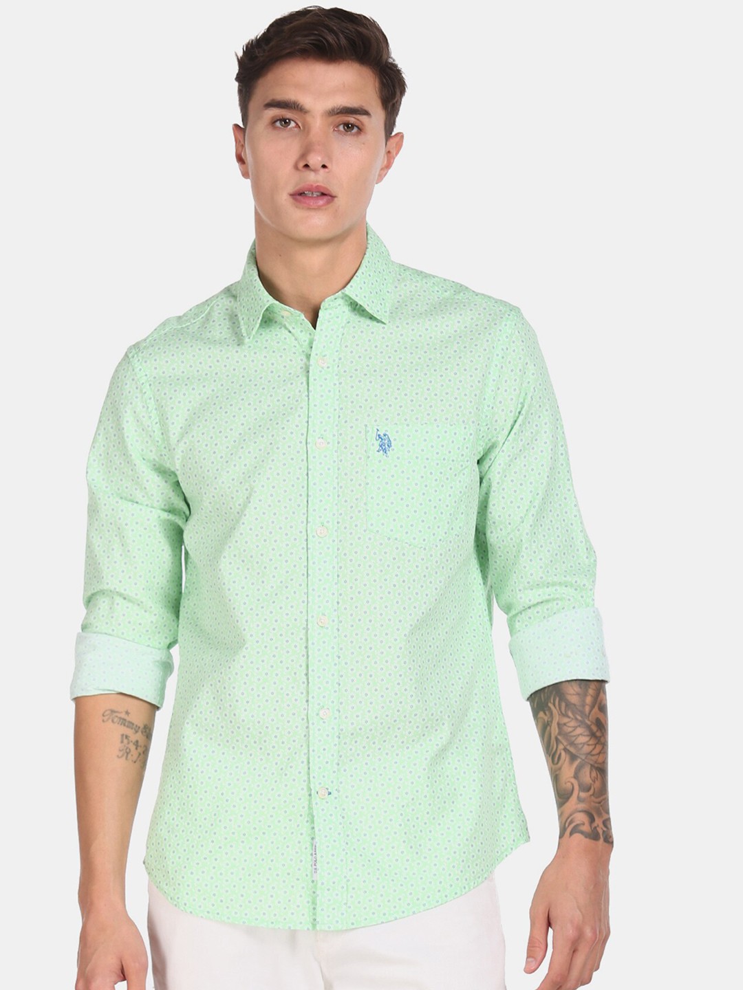 

U.S. Polo Assn. Men Green Regular Fit Printed Cotton Casual Shirt
