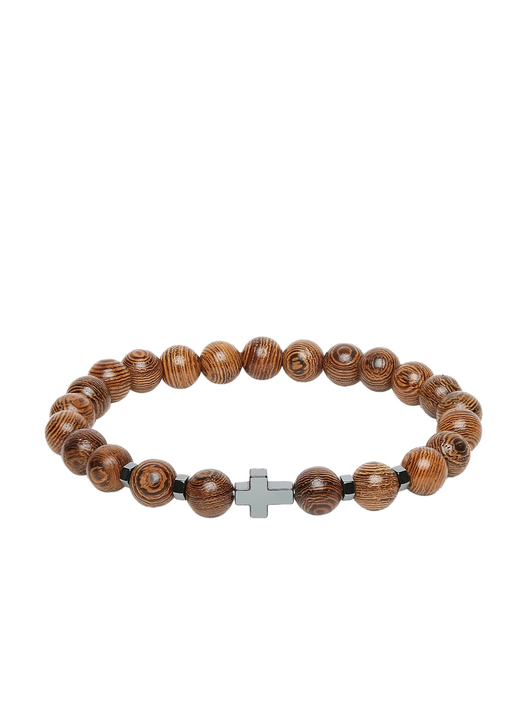 

OOMPH Men Brown & Silver-Toned Alloy Handcrafted Elasticated Wooden Beads Bracelet