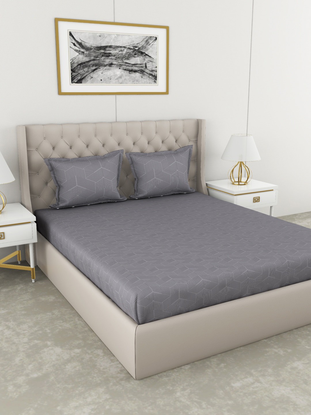 

BIANCA Grey & Off-White Geometric 210 TC Cotton 1 King Bedsheet with 2 Pillow Covers