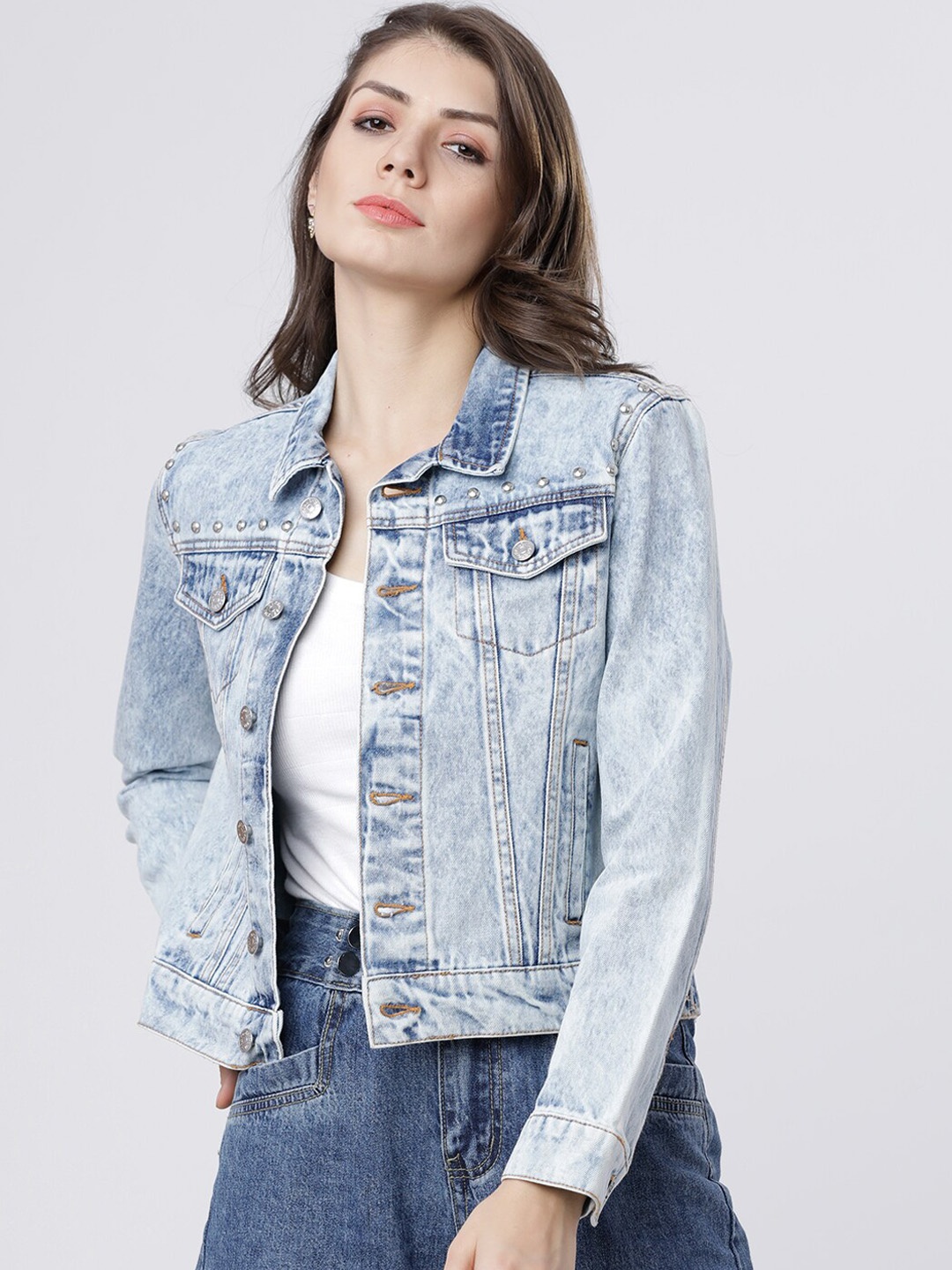 

Tokyo Talkies Women Blue Solid Denim Jacket