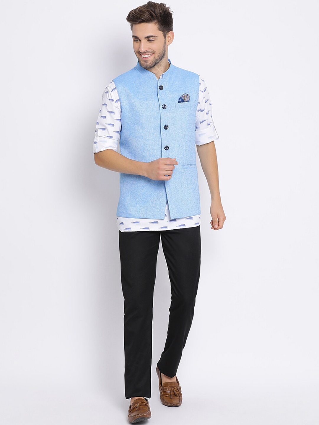 

Hangup Men Blue & Black Printed Kurta with Pyjamas & Nehru Jacket